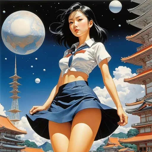 Prompt: Emil Doepler, Mitsumasa Anno, Takeo Takei, Marcello Dudovich, Frank Miller, Surrealism, wonder, strange, fantastical, fantasy, Sci-fi, Japanese anime, natural history of perspective, perspective drawings, cross-sectional drawings, geometric space, physics, and a miniskirt beautiful girl, perfect voluminous body, detailed masterpiece 