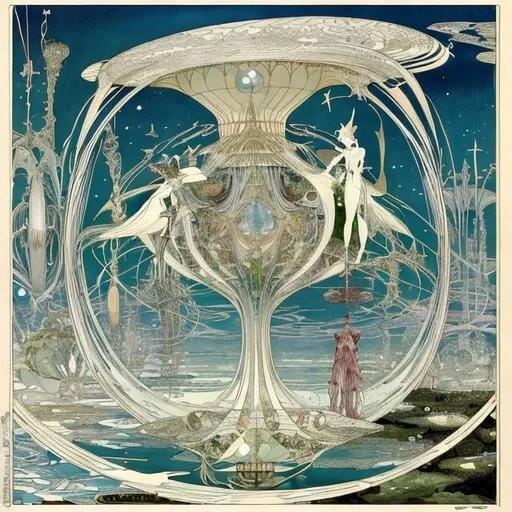 Prompt: Kay Nielsen, Walter Crane, Japanese Anime Sci-fi Fantasy Fairyland Spaceship War of Aggression Fairy Magic vs. Science