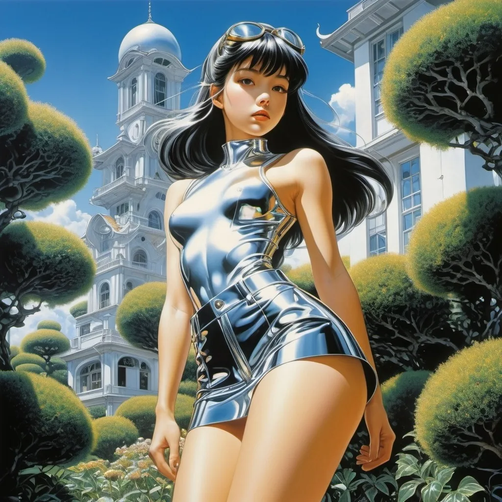 Prompt: Hajime Sorayama, Jacques Hérold, Chynna Clugston Flores, Ion Panaitescu, Josef Váchal, Surrealism Mysterious Weird Fantastic Fantasy Sci-Fi, Japanese Anime, Heating Ore in the Garden, Gravity Hunting, Plant Elements, Miniskirt Beautiful High School Girl, perfect voluminous body, detailed masterpiece angles low high perspectives 