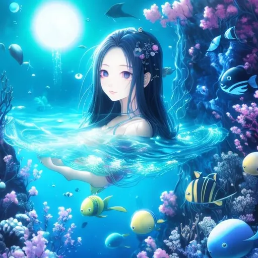 Prompt: Natsuki Takaya, A E Marty, Surreal, mysterious, bizarre, fantastical, fantasy, Sci-fi, Japanese anime, the unknown world of the deep sea, marine snow, creatures floating in the deep sea, beautiful girls in mechanical suits swimming freely in the deep sea, perfect voluminous body, burning water, ruins, blue world, detailed masterpiece 
