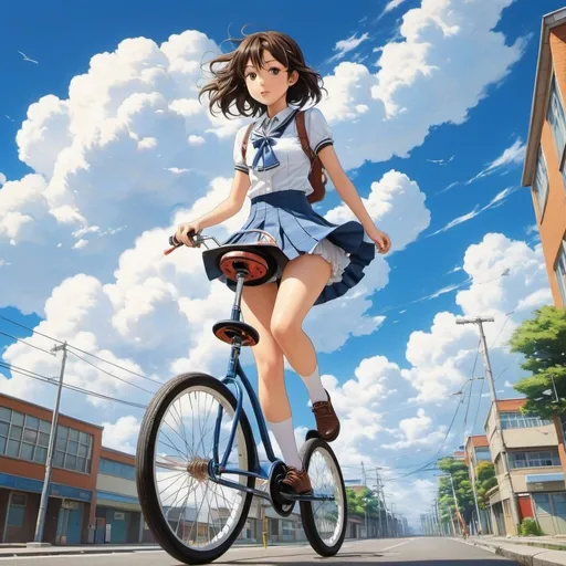 Prompt: Harry V Parkhurst, Kore Yamazaki, Surreal, mysterious, strange, fantastical, fantasy, Sci-fi, Japanese anime, cat riding a unicycle, street corner, beautiful high school girl in a miniskirt commuting to school, perfect voluminous body, clouds in the blue sky, detailed masterpiece 