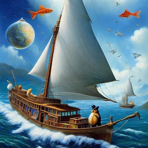 Prompt: Barbara Cooney, Christian Riese Lassen,  Beatrix Potter, Surreal, mysterious, strange, fantastical, fantasy, Sci-fi fantasy, anime, natural voyage, new species discovered, birds, fish, sailing ship and compass, beautiful girl navigator, detailed masterpiece 