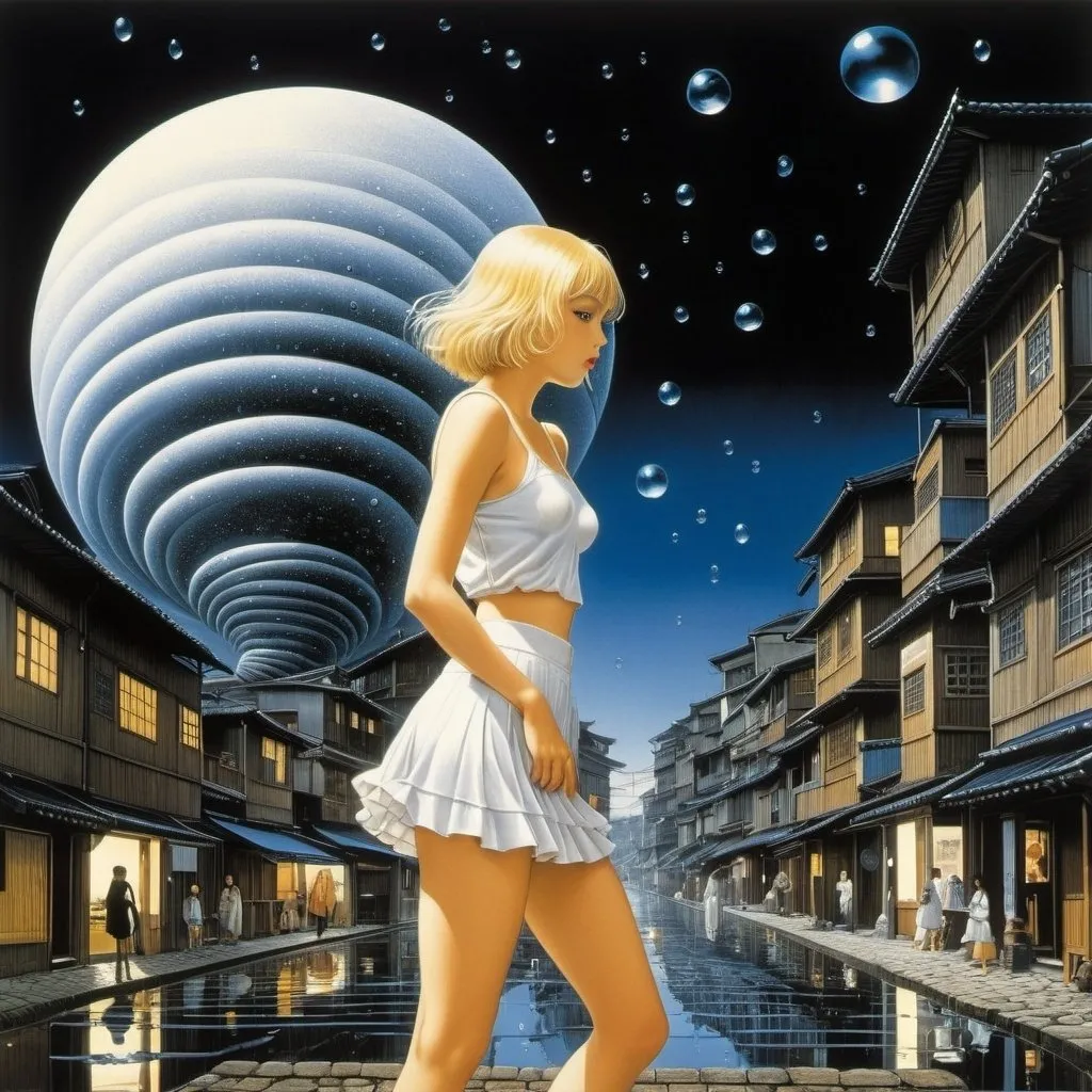 Prompt: Paul Delvaux, Katsuhiro Otomo, Louis le Brocquy, Arthur Boyd, Chiho Aoshima, Surrealism, wonder, strange, fantastical, fantasy, Sci-fi, Japanese anime, water droplets on a spiral shell, Babel at night, blonde miniskirt beautiful girl Alice, perfect voluminous body, detailed masterpiece dynamic action angles 