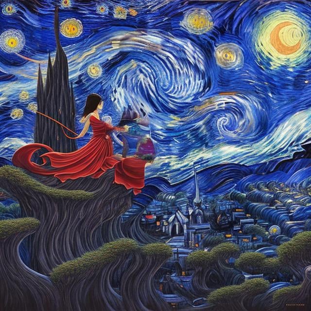 Prompt: Jeff Easley, Naoko Takeuchi, surreal, mysterious, strange, fantastical, fantasy, Sci-fii, Japanese anime, Music band on a starry night, fantasy is a collective consciousness that spreads throughout the universe, a utopian fairy tale, maze, paradise, night, disorder, irrationality, a wandering 100-year-old miniskirt beautiful girl, perfect voluminous body, hyper detailed masterpiece high resolution definition quality, depth of field cinematic lighting 