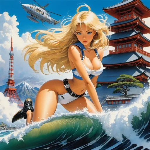 Prompt: Alicia Austin, Masamune Shirow, Mike Ploog, Surrealism, strange, bizarre, fantastical, fantasy, Sci-fi, Japanese anime, beautiful blonde miniskirt girl Alice's riding huge waves, perfect voluminous body, good at sports, Mt. Fuji, Tokyo Tower, detailed masterpiece low high angles perspectives , 