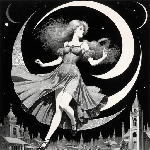 Prompt: Harry Clarke, Virgil Finlay, Terese Nielsen, Ron Spencer, Michael Parkes, Edward McKnight Kauffer, Surrealism, wonder, strange, bizarre, fantasy, Sci-fi, Japanese anime, the crescent moon of paranoia, the points and lines that make up the concrete object, the delusions of a beautiful high school girl in a miniskirt, perfect voluminous body, the glass box, detailed masterpiece 