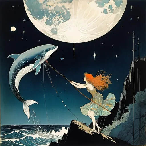 Prompt: Harry Clarke, James Warhola, David Wenzel, Richard Doyle, Franklin Booth full colours, Surrealism, wonder, strange, bizarre, fantasy, Sci-fi, Japanese anime, horoscope in the attic, beautiful high school girl in a miniskirt fishing a shooting star whale, perfect voluminous body, splash wet, Moonlight Records, detailed masterpiece 