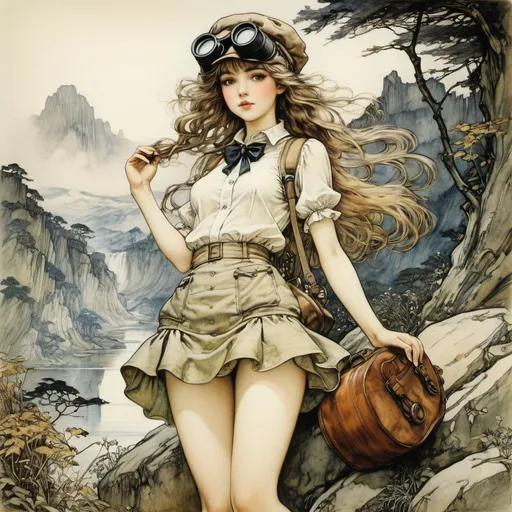 Prompt: Arthur Rackham, Walter Humphrey, Surreal, mysterious, strange, fantastical, fantasy, Sci-fi, Japanese anime, great adventure of watching and recording, miniskirt beautiful girl naturalist, perfect voluminous body, binoculars, detailed masterpiece 