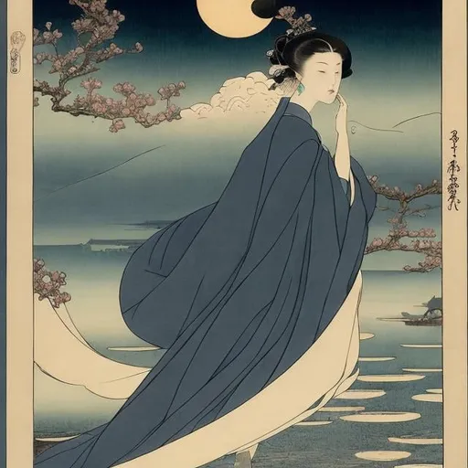 Prompt: Ukiyo-e style Kate Greenaway, Charles Robinson, surreal, mysterious, strange, fantastical, fantasy, Sci-fi fantasy, the end of a thousand hands, the unreachable hand of darkness, the invisible archer of heaven, the path that sheds light, the wind that fuels the flames