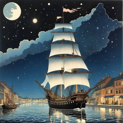 Prompt: Konstantin Rotov, George Barbier, Heinrich Vogeler, Taiyo Matsumoto, Elsa Beskow, Surrealism, mysterious, bizarre, fantastic, fantasy, Sci-fi, Japanese anime, a sailing ship sailing through the city at night, the moonlight pouring down, and when you look up, you'll see the Andromeda Nebula, a beautiful miniskirt girl captain, perfect voluminous body, detailed masterpiece 