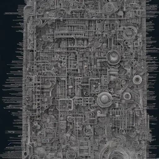 Prompt: Ian Miller, daisukerichard, Surreal, mysterious, strange, fantastical, fantasy, Sci-fi, Japanese anime, ore radio, miniskirt beautiful girl, perfect voluminous body, circuit diagram, cafe before dawn, detailed masterpiece 