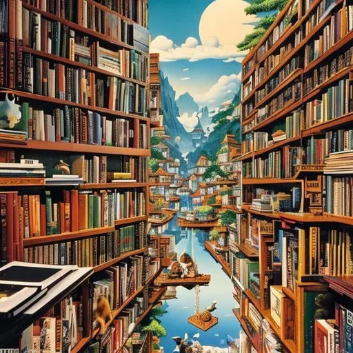 Prompt: 
Maurice Sendak, Charles Folkard, Japanese Anime Surreal Mysterious Weird Fantastic Sci-fi Fantasy Fantasy, Used Bookstore, A girl organizing a high bookshelf on a stand,  A beckoning cat, books, bonsai floating in the air, around the girl, hyperdetailed high resolution high definition high quality masterpiece 