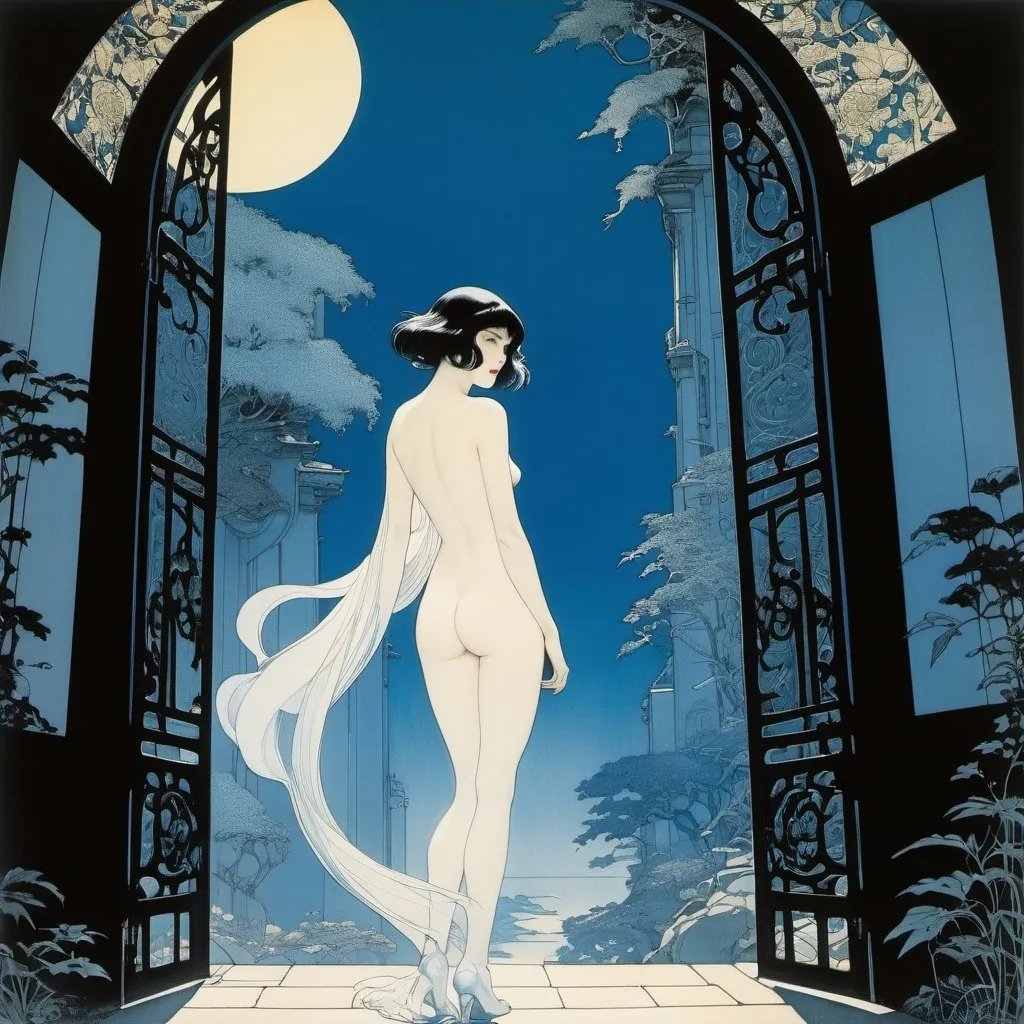 Prompt: Aubrey Vincent Beardsley, Heinrich Kley full colours, Surreal, mysterious, strange, fantastical, fantasy, Sci-fi, Japanese anime, Night Raid Ghost in the Shell, worrier Beautiful Girl, perfect voluminous body, Tower of Moonlight, Gate to another world, detailed masterpiece low high angles perspectives 