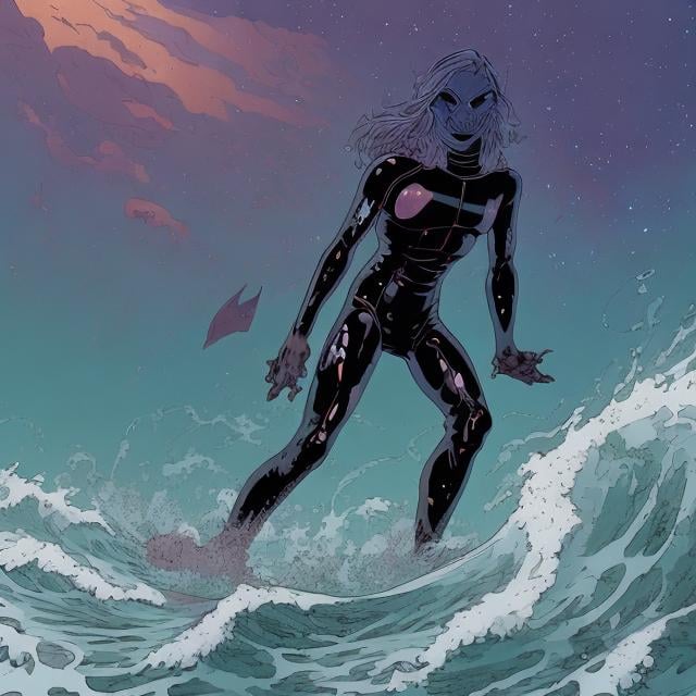Prompt: Mike Mignola, Surreal, mysterious, strange, fantastical, fantasy, Sci-fi, Japanese anime, The sea and lighthouse at the end of the universe, the galaxy can be seen in the sky, a beautiful body suit surfer is enjoying surfing, long blonde hair, perfect voluminous body, action poses, hyper detailed high resolution definition quality, depth of field cinematic lighting 