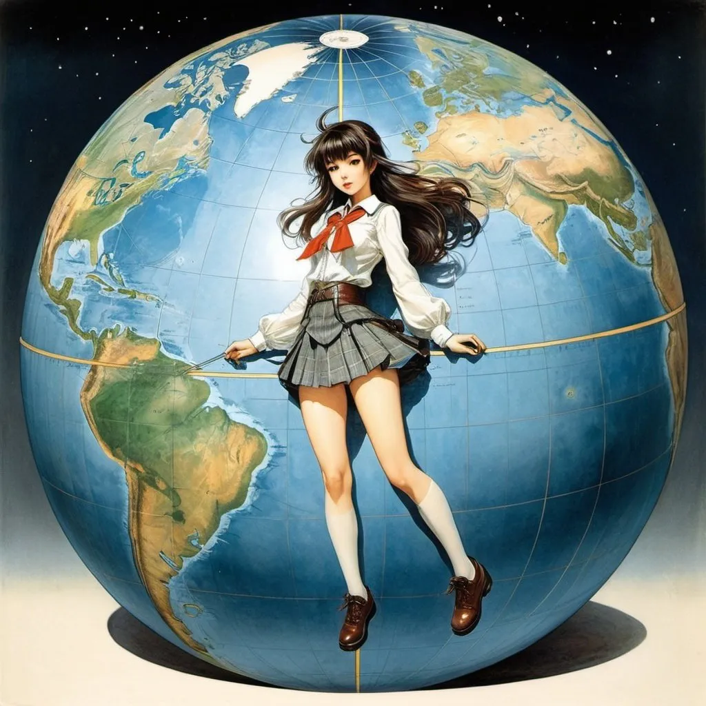 Prompt: Flaka Haliti, Arthur Rackham, Antoine Dumas, Thomas Kerr, Naoyuki Kato, Surrealism Mysterious Weird Fantastic Fantasy Sci-fi, Japanese Anime, Beautiful high school girl in a miniskirt taking geographical measurements at the ends of the world, perfect voluminous body, Cartography and the earth ellipsoid, Earth-centered three-dimensional orthogonal coordinate system coordinate axes, Gauss-Krügel conformal projection method, detailed masterpiece 