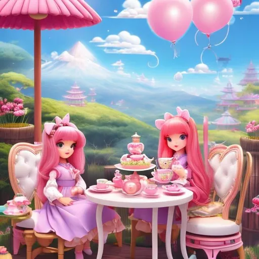 Prompt: Mabel Attwell, Barbara Cooney, Anne Anderson, Surreal, mysterious, bizarre, fantastical, fantasy, Sci-fi, Japanese anime, mini-skirt samurai Beautiful girl and a giant teddy bear, having tea at a stylish cafe, Bear likes strawberry shortcake, detailed cute masterpiece 