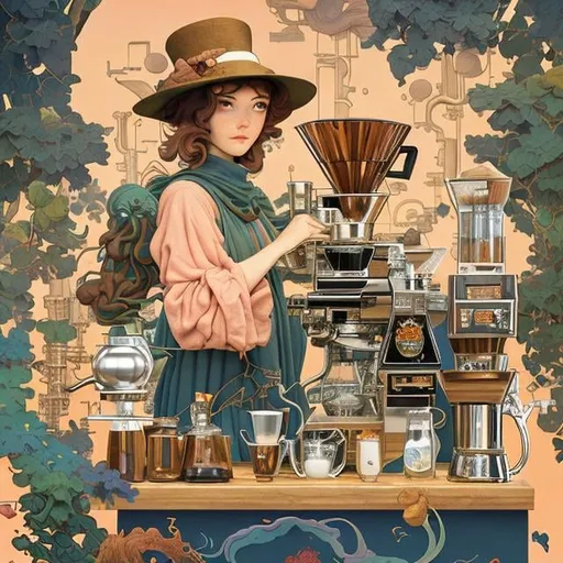 Prompt: Barbara Cooney, Jean Giraud, Mo Willems, Maxfield Parrish Japanese Anime　Sci-Fi Fantasy　The Science of Coffee  items that are indispensable for daily life　Unique flavor　 Artisan skills and wisdom cultivated at in-house roasting shops Automatic coffee roasting artisan equipment　Cafe Girl Hyperdetailed High Resolution High Quality High Definition Masterpiece