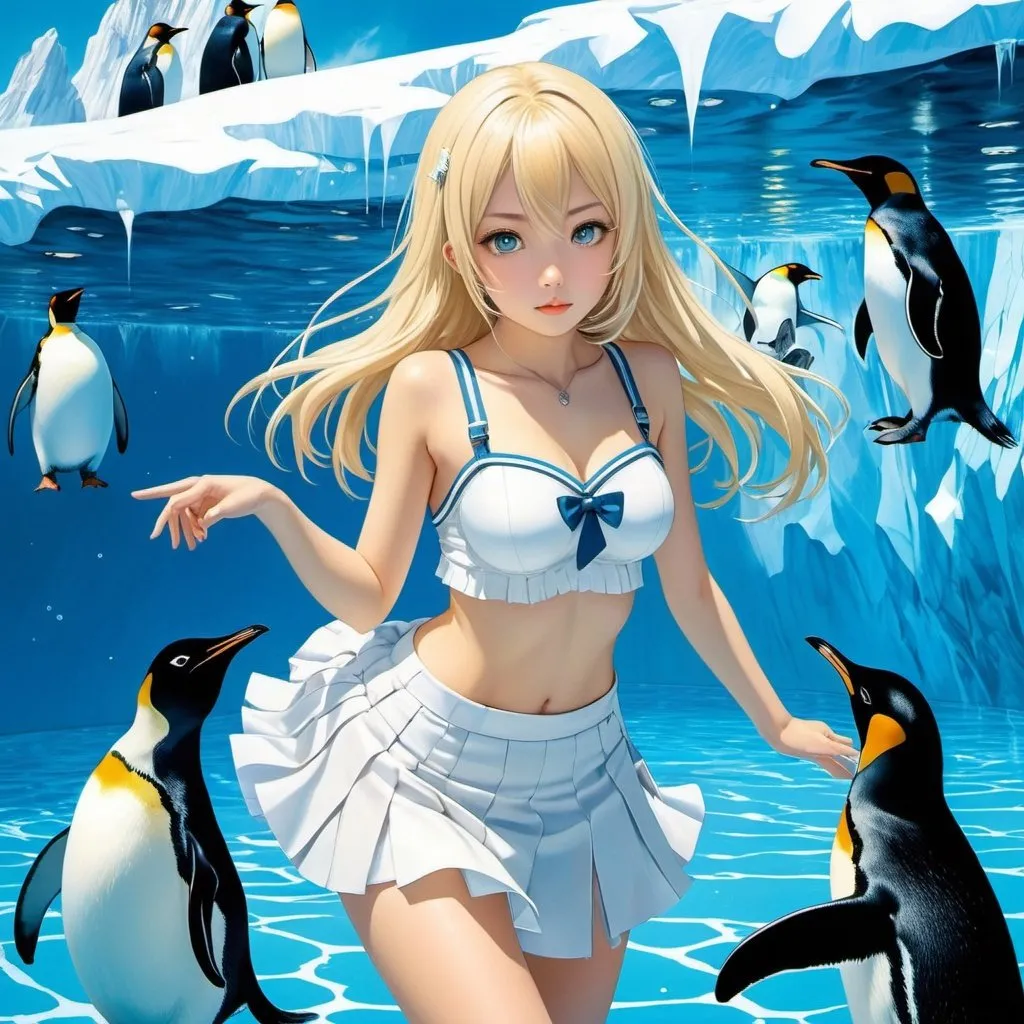 Prompt: Shigeru Tamura, A E Marty, Surreal, mysterious, strange, fantastical, fantasy, sci-fi fantasy, anime, iceberg floating in the school pool, beautiful blonde miniskirt girl Alice, perfect voluminous body, penguins, detailed masterpiece 