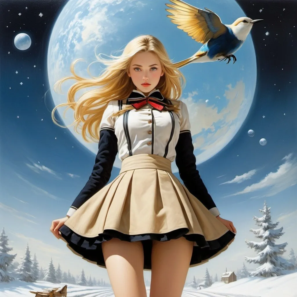 Prompt: Frank R. Paul, Jan Josefsz van Goyen, Surreal, mysterious, strange, fantastical, fantasy, Sci-fi, Japanese anime, Winter Rocket, physics official specimen box, blonde miniskirt beautiful girl Alice, perfect voluminous body, detailed masterpiece bird’s eye views