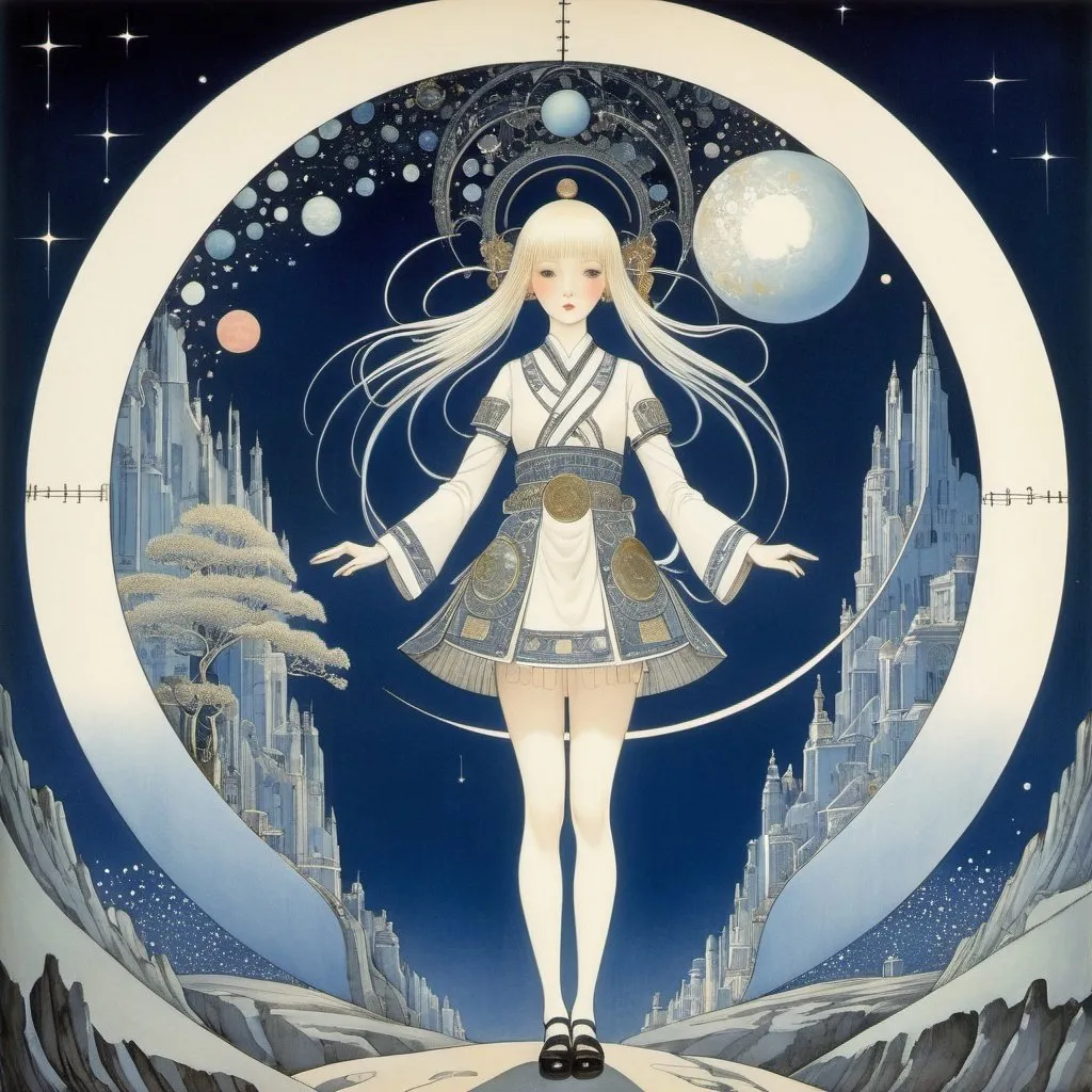 Prompt: Kay Nielsen, mayo artist, Surreal, mysterious, strange, fantastical, fantasy, Sci-fi, Japanese anime, blueprint of the god of science, seeking planetary nostalgia in the imagination inherent in matter, a beautiful high school girl in a miniskirt, perfect voluminous body, detailed masterpiece 