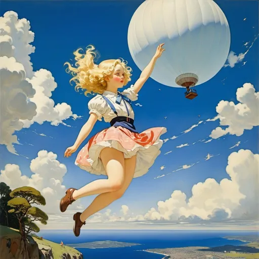 Prompt: Konstantin Andreevich Somov, Mabel Attwell, Surreal, mysterious, strange, fantastical, fantasy, Sci-fi, Japanese anime, long free fall, formula of gravity, beautiful blonde miniskirt girl Alice, perfect voluminous body, blue sky and sea of ​​clouds, detailed masterpiece 