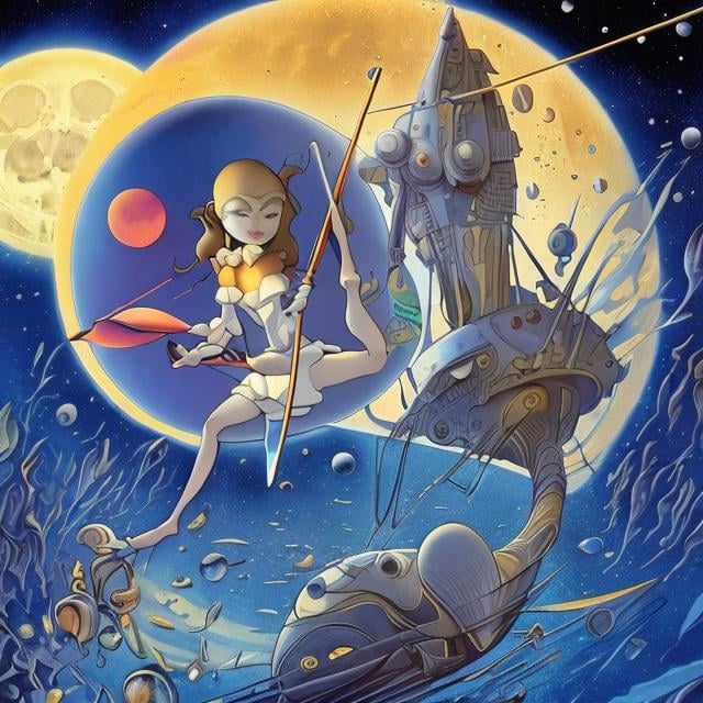 Prompt: Georges Lepape, Anne Anderson, Margaret Tarrant, Kenji Tsuruta, surreal, strange, weird, sci-fi fantasy, fantastic, astronomical reflector telescope, moon sinking under ocean, hot house, solo girl playing violin, hyperdetailed high definition high resolution high quality masterpiece very tight small short dress