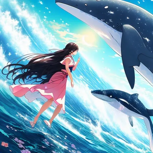 Prompt: Japanese anime, wonder  sci-fi fantasy, lighthouse at the end of the galaxy, jumping whale, beautiful girl in tight kimono watching whale jump,  hyperdetailed high definition high resolution high quality masterpiece hands drawin