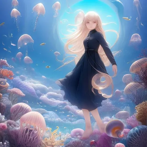 Prompt: Charles Robinson, Albert Robida, Surreal, mysterious, strange, fantastical, fantasy, Sci-fi, Japanese anime, floating creatures of the sea, jellyfish, comb jellyfish, elephant jellyfish, turtle snails, juvenile squid and octopus, shrimp and crab larvae, tarma eagles, juvenile fish, radiolarians, etc. Crescent moon, beautiful girl, walking around town, detached masterpiece in 