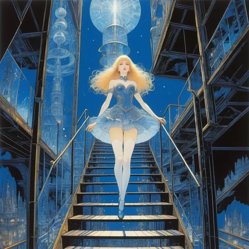 Prompt: Harry Clarke, Boris Stepantsev, Claudia Pond Eyley, Jeff Easley, Takeo Takei, Surrealism, wonder, strange, fantastical, fantasy, Sci-fi, Japanese anime, blueprints and cross-sections of glass aerial stairs, miniskirt beautiful girl architect, perfect voluminous body, detailed masterpiece 