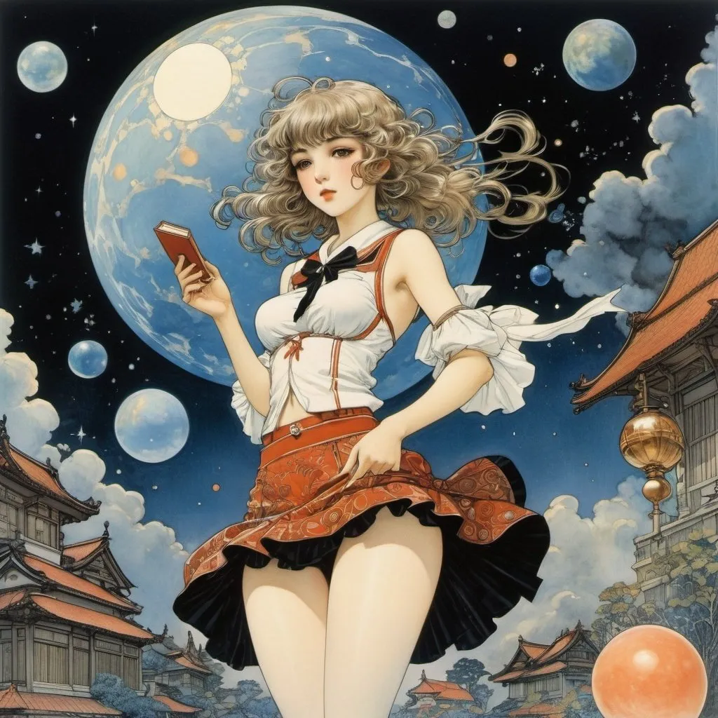 Prompt: Arthur Rackham, George Barbier, Miki Katoh, BerryVerrine, Sakiyama, Surrealism Mysterious Bizarre Fantastic Fantasy Sci-Fi, Japanese Anime, A miniskirt beautiful high school girl who puts the galaxy in her pencil case, perfect voluminous body, detailed masterpiece 