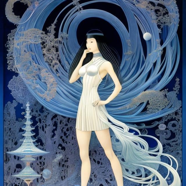 Prompt: Kay Nielsen, Keiko Takemiya, Surreal, mysterious, bizarre, fantastical, fantasy, Sci-fi, Japanese anime, blueprint of the hierarchical structure of the universe, built by a miniskirt beautiful girl goddess, perfect body, silver hair, molecules, atoms, atomic nuclei, nucleons, elementary particles, super galaxy clusters, galaxy clusters, galaxy clusters, Galaxies, planetary systems, stars, planets, small celestial bodies within planetary systems, dynamism, detailed masterpiece 