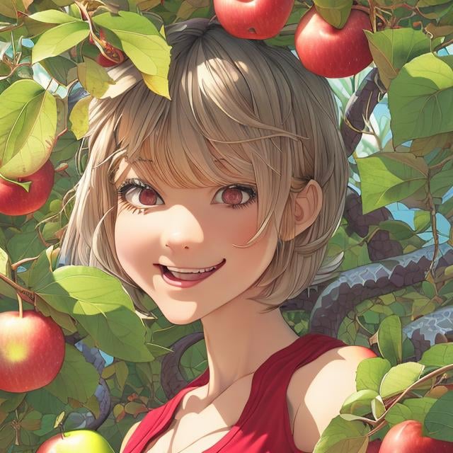 Prompt: Sydney Sime, Japanese anime, Katsuhiro Otomo, manga lines, Eve, solo girl, blonde hair innocent young looking beautiful face, perfect body tight dress, smiling, under apple Tree, holding an apple, huge snake, hyperdetailed, realistic, high resolution, high quality, high definition, masterpiece 