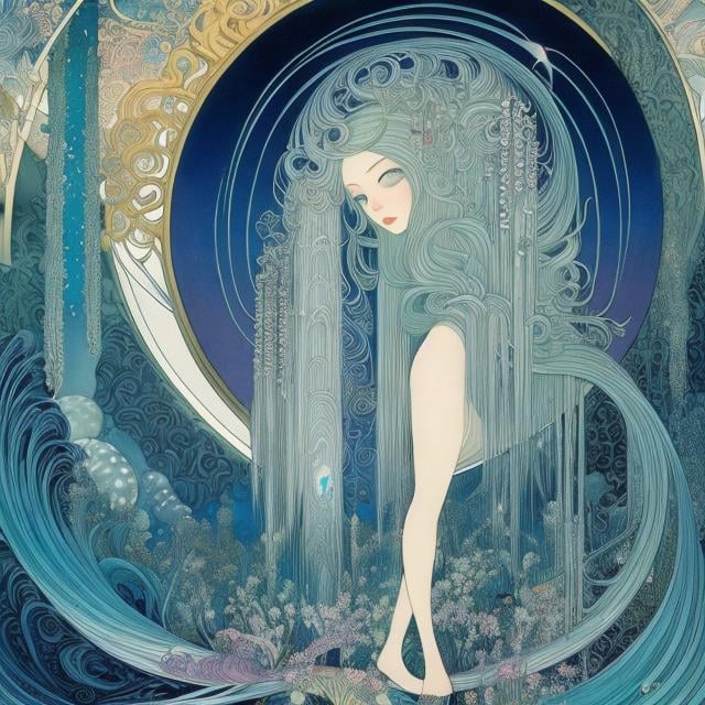 Prompt: Kay Nielsen, Mabel Attwell, Surreal, mysterious, strange, fantastical, fantasy, Sci-fi, Japanese anime, miniskirt beautiful girl Alice, Alice who likes ramen, Shinjuku stall, moonlit night, favorite shooting star, detailed masterpiece 