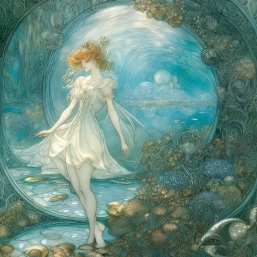Prompt: Arthur Rackham, Walter Crane, Erte, James Jean, Surreal, mysterious, strange, fantastical, fantasy, Sci-fi, Japanese anime, diffuse reflection on a mirror surface, representational optics of eyes and thoughts that model an infinite flat spherical diagram, virtual reality and androids, beautiful miniskirt girl Alice, perfect voluminous body, hyper detailed masterpiece high resolution definition quality, depth of field cinematic lighting 