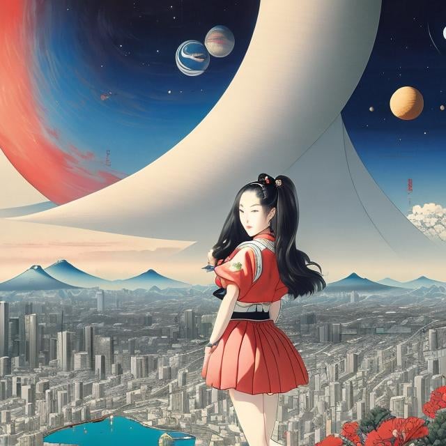 Prompt: Ukiyo-e style, Margaret Tarrant, surreal, mysterious, strange, fantastical, fantasy, sci-fi fantasy, planets of the solar system surrounding Tokyo Tower, high school girl in miniskirt, hyper detailed high resolution high definition high quality masterpiece 