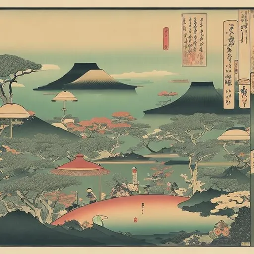 Prompt: surreal　wondrous　strange　Whimsical　absurderes　fanciful　Sci-Fi Fantasy　Organisms and machines　From hard ukiyo-e style machines to soft machines　harmonization of the functions and forms of living organisms;