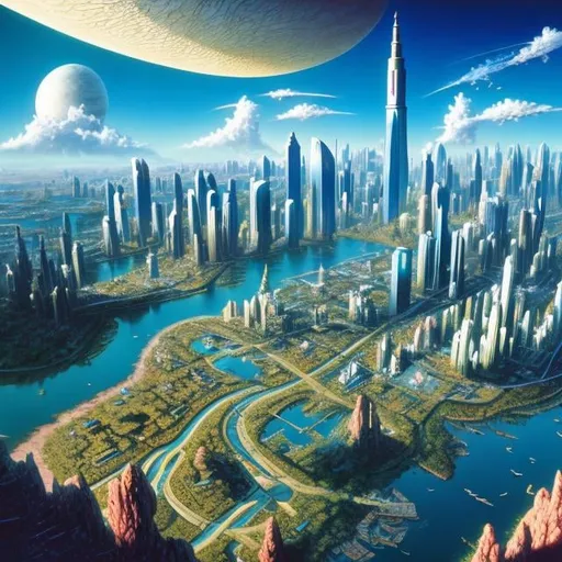 Prompt: Roger Dean, Tim white, Surreal, mysterious, strange, fantastical, fantasy, Sci-fi, Japanese anime, miniskirt beautiful high school girl in a daydream town, perfect voluminous body, Mother Machine, skyscrapers, bird’s eye view, hyper detailed masterpiece, high resolution definition quality, depth of field cinematic lighting 