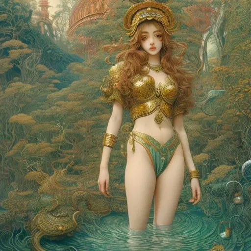 Prompt: Walter Crane, Surreal Mysterious Weird Fantastic Fantasy Sci-fi, Japanese Anime,  Jacek Yerka style, Galaxy in your Pocket, Miniskirt Beautiful Girl, perfect voluminous body, hyper detailed masterpiece high resolution definition quality depth of field cinematic lighting 