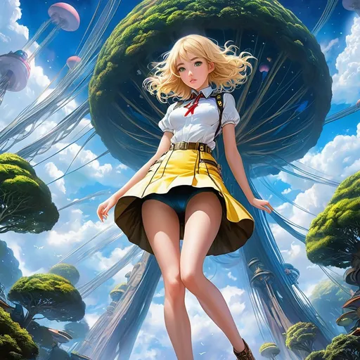 Prompt: Shirō Kawakami, Davegore, Surreal, mysterious, strange, fantastical, fantasy, Sci-fi, Japanese anime, cloud-making machine, land in the sky, sky octopus taxi, towering space tree, beautiful blonde miniskirt girl Alice, perfect voluminous body, detailed masterpiece 