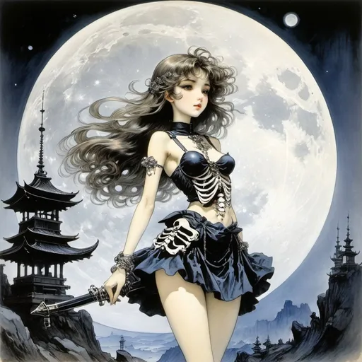 Prompt: Arthur Rackham, Charles Ricketts, Károly Reich, Harue Koga, Hiroyuki Okiura, Surrealism Mysterious Weird Fantastic Fantasy Sci-fi, Japanese Anime, Skeleton of the Moon, Night Miniskirt Beautiful Girl, perfect voluminous body, Land of Stardust, detailed masterpiece 