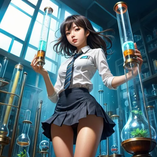 Prompt: Paul Colin, Debi Gliori, Thomas Mackenzie  art, Surrealism, wonder, strange, bizarre, fantasy, Sci-fi, Japanese anime, eternity in a test tube, time experiment, miniskirt beautiful high school girl likes science, perfect voluminous body, dynamic action poses, detailed masterpiece 