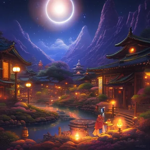 Prompt: Keith Parkinson Japanese Anime　Sci-Fi Fantasy　Spiral pills　Moonlit Night Moving Blacksmith　teens girl　One-eyed blacksmith　nighttime scene　 hyperdetailed high definition high resolution high quality masterpiece