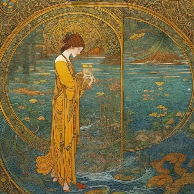 Prompt: Walter Crane, Ivan Bilibin,  Surreal, mysterious, strange, fantastical, fantasy, Sci-fi fantasy anime ``What is existence?'' ``What is non-existence?'' ``What is time?'' ``What is space?'' ``What is human being?'' Inside the pupil, the seeds of devices and thoughts A man obsessed with time, a time cutting machine, detailed masterpiece depth of field cinematic lighting 