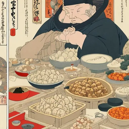 Prompt: Ukiyo-E, Jean Giraud, Heath Robinson, Dumplings are an ancient modern food, the surprising relationship between the Great Buddha and fava beans, Oden, a tofu dish that has undergone a major transformation, and Ganmodoki, an Islamic confectionery, hyperdetailed high quality high definition high resolution masterpiece 