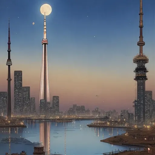 Prompt: Anton Pieck, Ukiyo-E, Kate Greenaway, Japanese Anime Mysterious Strange Fantastic Sci-Fi Fantasy Illusion,  The Moon impaled by the Toronto CN Tower, hyper detailed, high resolution high definition high quality masterpiece 