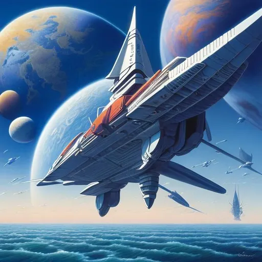 Prompt: Jean Giraud, Rodney Matthews, Surreal, mysterious, strange, fantastical, fantasy, Sci-fi, Japanese anime, paper spaceship, beautiful cyborg, miniskirt high school girl, perfect body, Tokyo Bay ocean, planets sinking to the ocean floor, hyper detailed masterpiece high resolution definition quality, depth of field cinematic lighting 