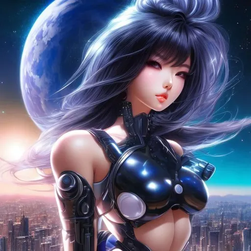 Prompt: Masamune Shirow, perfect voluminous beautiful body girl, surreal, mysterious, strange, fantastical, fantasy, sci-fi fantasy, the internet is the brain of the world, vibrant colors, masterpiece, sharp focus, best quality, depth of field, cinematic lighting, derailed high resolution definition quality masterpiece