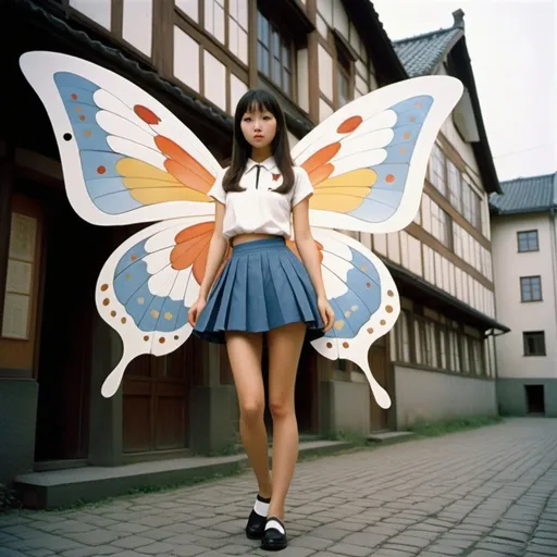 Prompt: Pirkko-Liisa Surojegin, Keiko Takemiya, Hans Bellmer, Augustus Pugin, Louis-François Cassas, Surrealism, wonder, bizarre, fantastical, fantasy, Sci-fi, Japanese anime, Umwelt, walking around the city of symbols, visualizing the image of a beautiful high school girl in a miniskirt, perfect voluminous body, butterfly wings, rock patterns, paintings, diagonal lines of mythology, detailed masterpiece 