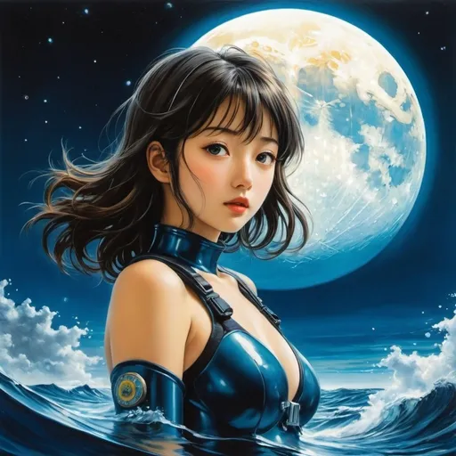 Prompt: Shigeru Tamura, Wiktoria Goryńska, Zofia Stryjeńska, Muggur, Hirohiko Araki, Surrealism Mysterious Weird Fantastic Fantasy Sci-Fi, Japanese Anime, The falling moonlight becomes the ocean and sinks the world, A beautiful girl in a diving suit embraces the moon and the earth, perfect voluminous body, detailed masterpiece low high angles perspectives 