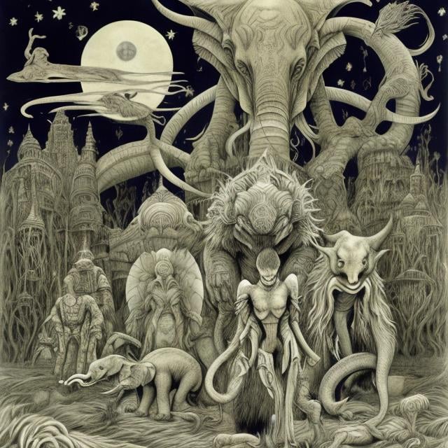 Prompt: Maurice Sendak, Frank Miller, surreal, mysterious, bizarre, bizarre, fantasy, Sci-fi, Japanese anime, friendship and secrets, secret societies, glowing elephants, multi-legged snakes, fish standing upright on the surface of the water, mythical creatures, fire that transcends evolution, language, beauty, time, detailed masterpiece 